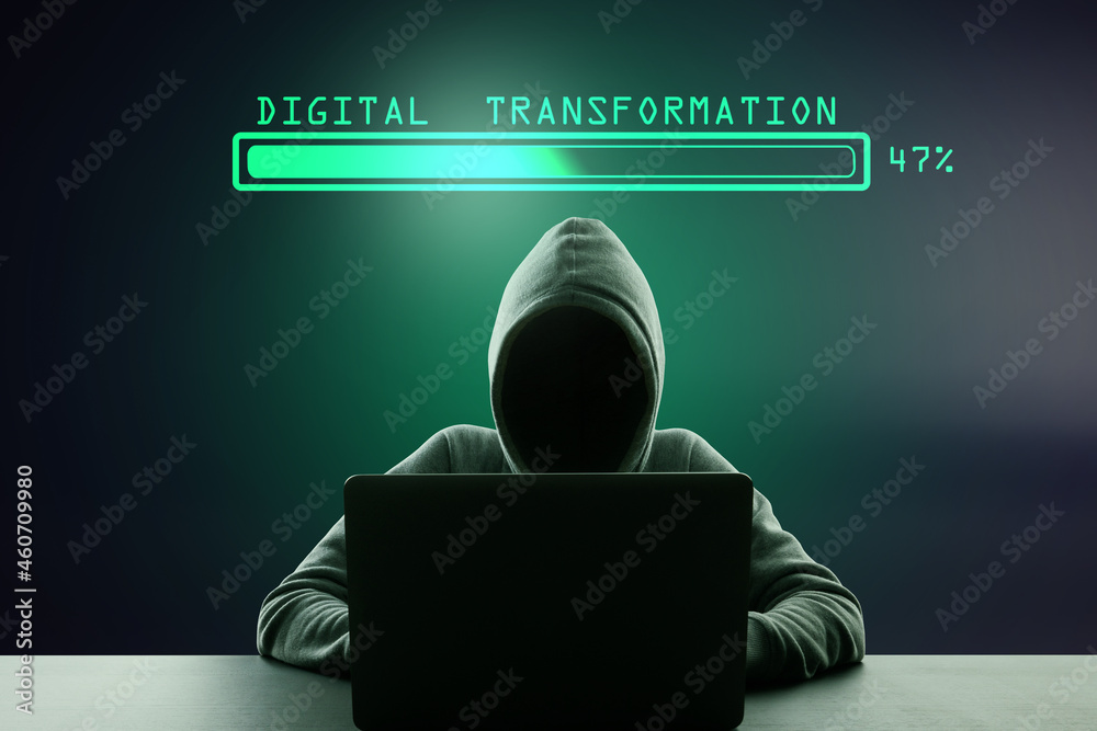 Poster Hacker using laptop computer at desktop with abstract glowing loading bar on gray dark background. Digital transformation, hacking, internet, progress and technology concept.