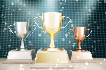 Winners cup on abstract bokeh grid background. Competition and win concept. 3D Rendering.