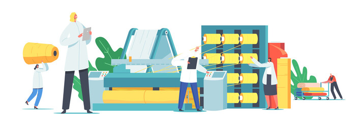 Characters Work on Textile Production Factory. Workers at Automated Machine for Yarn Producing. Cotton Manufacturing © Pavlo Syvak