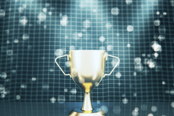 Gold winners cup on abstract bokeh grid background. Competition and win concept. 3D Rendering.
