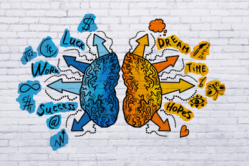 Creative drawing of different brain hemispheres on white brick wall background. Brainstorming,...