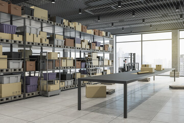 New warehouse with racks, boxes, city view and daylight. Logistics and shipping concept. 3D Rendering.