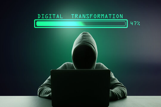 Hacker using laptop computer at desktop with abstract glowing loading bar on gray dark background. Digital transformation, hacking, internet, progress and technology concept.