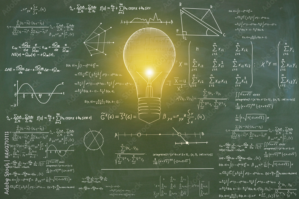 Poster Abstract lamp sketch with mathematical formulas on chalkboard/blackboard wall background. Intelligence, idea, solution, science and innovation concept.