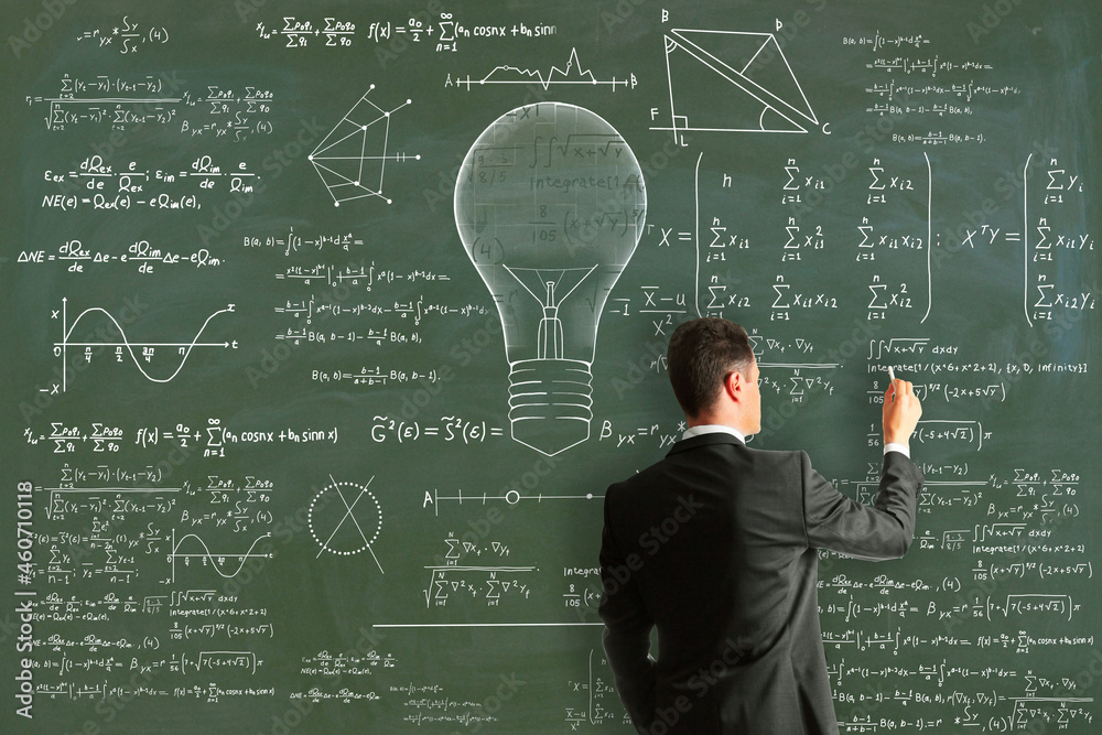 Poster attractive young european businessman drawing abstract lamp sketch with mathematical formulas on cha
