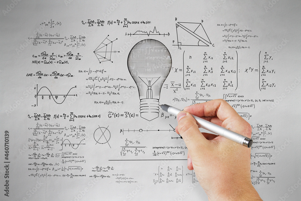 Poster Hand drawing abstract lamp sketch with mathematical formulas on concrete wall background. Intelligence, idea, solution, science and innovation concept.