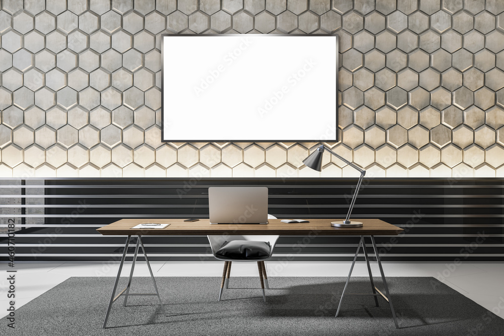 Poster bright workplace interior with empty white mock up poster, concrete hexagonal walls and decorative i