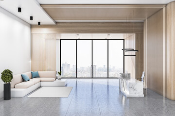 Modern wooden and concrete office interior lobby with reception desk, couch and window with city view. Workplace design concept. 3D Rendering.