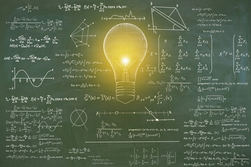 Abstract lamp sketch with mathematical formulas on chalkboard/blackboard wall background. Intelligence, idea, solution, science and innovation concept.