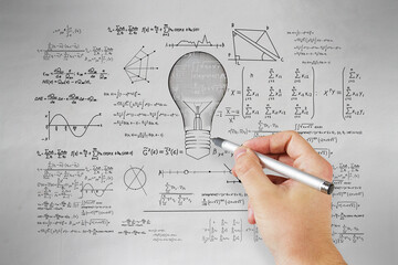 Hand drawing abstract lamp sketch with mathematical formulas on concrete wall background....