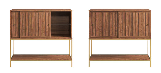 Modern bar cabinet with sliding wood doors and hidden glass shelving. 3d render