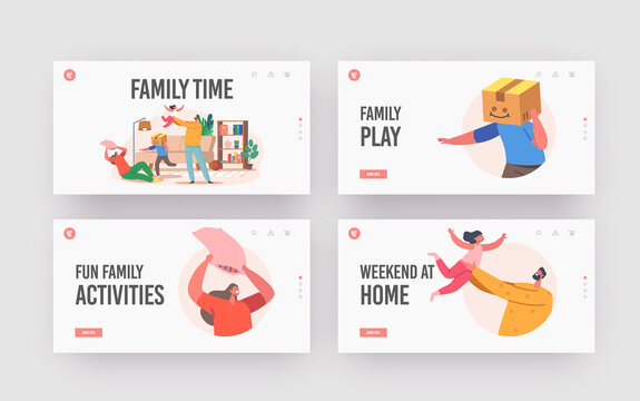 Family Time Landing Page Template Set. Happy Characters Parents and Kids Playing, Fooling in Room. Father, Mother, Kids