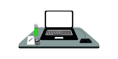 Modern laptop with blank screen. Vector illustration of laptop for work, pencil jar, paper, calculator, mouse on a gray table isolated on white background - vector eps 10