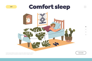 Comfort sleep concept of landing page with woman sleeping comfortable lying under blanket in bed