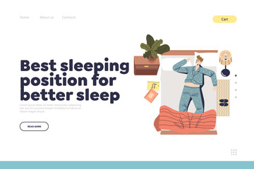 Best position for better sleep concept of landing page with young man in pajama sleeping in bed