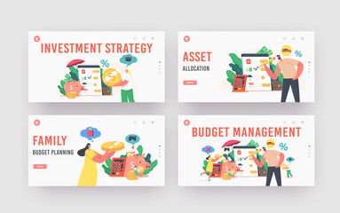 Fototapeta premium Budget Management Landing Page Template Set. Family People Earn and Save Money, Tiny Characters Collect Coins