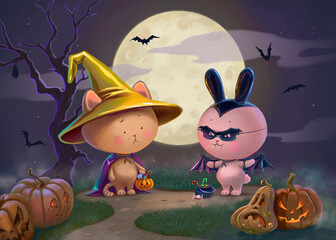 Digital illustration of a little cat in golden hat and banny rabbit dressed like a bat. Happy Halloween celebrations. Magic fantasy image with friends in halloween costumes. Big cheese moon, pumpkin. 