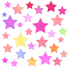 Obraz premium Colorful stars on white. Abstract colored patterns on isolated background. Design for spiritual relaxation for adults. Zen art. Design Zentangle. Print for polygraphy and t-shirts