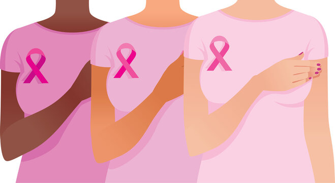 Group of different ethnic women close up. Women with breast cancer awareness ribbons. Girls fight cancer together. Vector illustration

