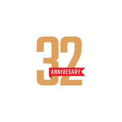 32 Year Anniversary Celebration with Red Ribbon Vector. Happy Anniversary Greeting Celebrates Template Design Illustration