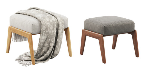 Danish-modern fabric upholstery ottoman with wooden legs. 3d render - obrazy, fototapety, plakaty