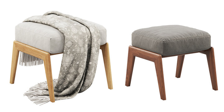 Danish-modern fabric upholstery ottoman with wooden legs. 3d render