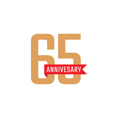 65 Year Anniversary Celebration with Red Ribbon Vector. Happy Anniversary Greeting Celebrates Template Design Illustration
