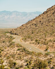 View of Route 66 and desert landscape in Oatman, Arizona
