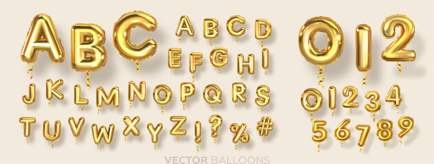 Fototapeta English alphabet and numbers Balloons. Helium balloons. Gold balloons for text, letter, holiday. Festive, realistic set. Letters from A to Z. Vector illustration. obraz