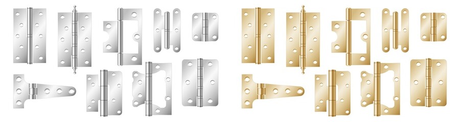 Door hinges realistic set. Classic industrial ironmongery golden and silver on white background - obrazy, fototapety, plakaty