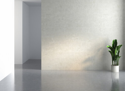 Empty room with concrete walls,  concrete floor and soft skylight from window, simple minimalist interior architecture background with copy-space. 3d rendering