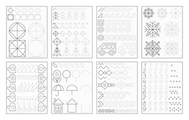 Set of black and white educational pages on square paper for kids. Printable worksheet for children textbook. Developing skills of counting, drawing, writing and tracing. Baby book. Back to school.
