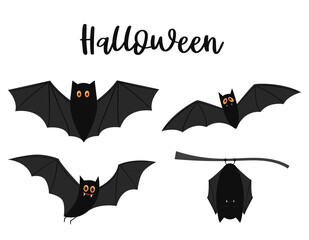 A set of black flying bats with yellow eyes. Halloween decorative elements. Color flat cartoon vector illustration isolated on a white background.