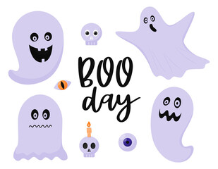 A set of ghosts, spirits, poltergeists. Halloween decorative elements, a skull, an eyeball, a skull with a candle. Color flat cartoon vector illustration isolated on a white background.