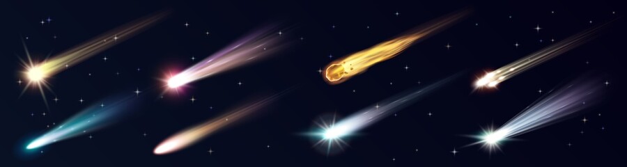 Space meteors, comets, stars and asteroids with fire trails. 3d meteorite fireball and space objects © Iryna Petrenko