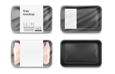 Set of black tray container mockups. Vector illustration isolated on white background. Layered template file easy to use for your design, promo, adv. EPS10.