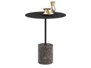 Modern style end table with a gray marble base and a matte black frame and table top. 3d render