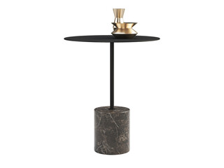 Modern style end table with a gray marble base and a matte black frame and table top. 3d render