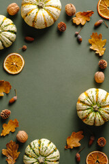 Happy Thanksgiving concept. Autumn composition with ripe pumpkins, fallen leaves, dry oranges, nuts...