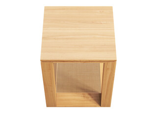 Sleek oak-finished side table with a cane inset on the bottom shelf. 3d render