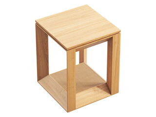 Sleek oak-finished side table with a cane inset on the bottom shelf. 3d render