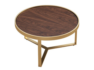 Mid-century style coffee table with rich walnut top and a matte brass metal frame. 3d render