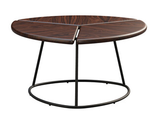 Mid-century style coffee table with triangular panels on the top and black metal frame. 3d render