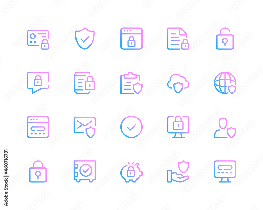 Fototapete Data protection line icons. Computer security, cybersecurity concepts. Set of modern outline symbols collection. Minimal thin line design. Trendy gradient style graphic elements. Vector line icons set