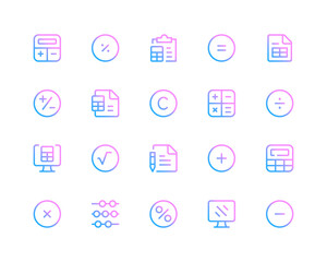 Calculation line icons. Calculator pictograms. Set of modern outline symbols collection. Minimal thin line design. Trendy gradient style graphic elements. Vector line icons set