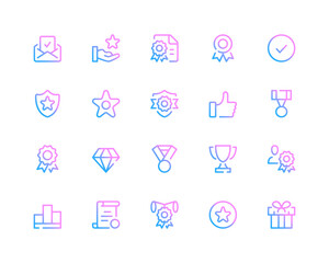 Award line icons. Quality concepts, trophy, medal pictograms. Set of modern outline symbols collection. Minimal thin line design. Trendy linear gradient style graphic elements. Vector line icons set