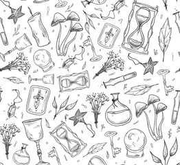 Seamless Pattern image mystical symbols Flasks Time Cards Mushrooms