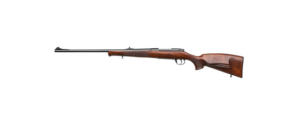 A classic bolt-action rifle with a wooden stock and mechanical sights. Weapons for hunting, sports and self-defense. Isolate on a white back