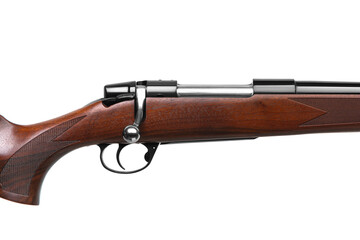 A classic bolt-action rifle with a wooden stock and mechanical sights. Weapons for hunting, sports and self-defense. Isolate on a white back