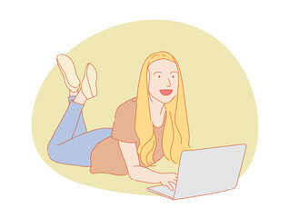 beautiful woman or cute girl  sitting in front  computer laptop , colorful vector